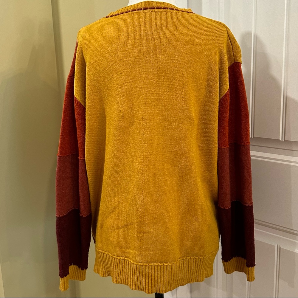 Fall Color Patchwork Colorblock Crew Neck Sweater Large Gold - Picture 2 of 10